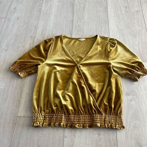 Madewell Velvet Smocked Crossover Top - Mustard Gold - Size S - Picture 1 of 8